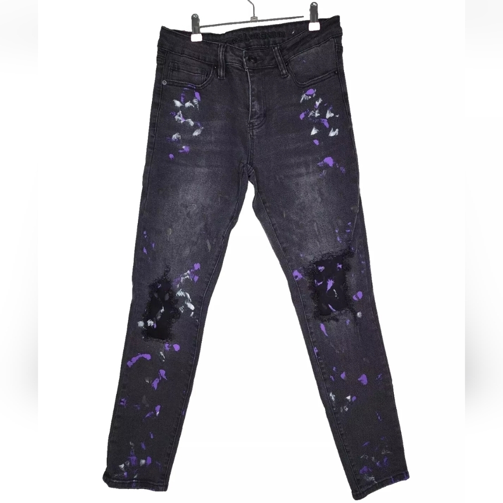 Rue21 Premium Paint Splatter Distressed Skinny Jeans in Washed Black Size 30x31